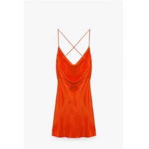 Zara satin effect backless slip dress in orange/ red